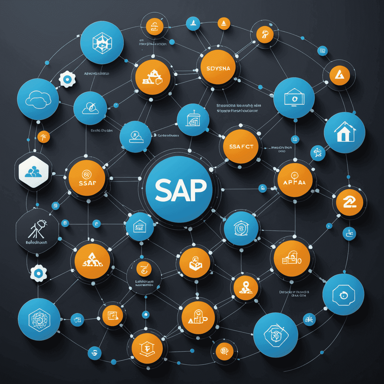 Visual representation of AI-powered ERP system with interconnected modules and data flows, showcasing SAP's cutting-edge technology