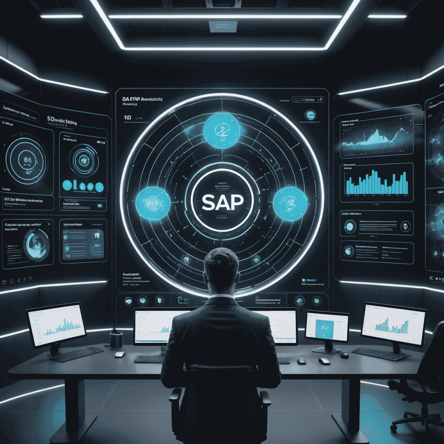A futuristic interface showcasing SAP's AI-powered ERP system with holographic displays of various business metrics and AI-assisted decision-making tools