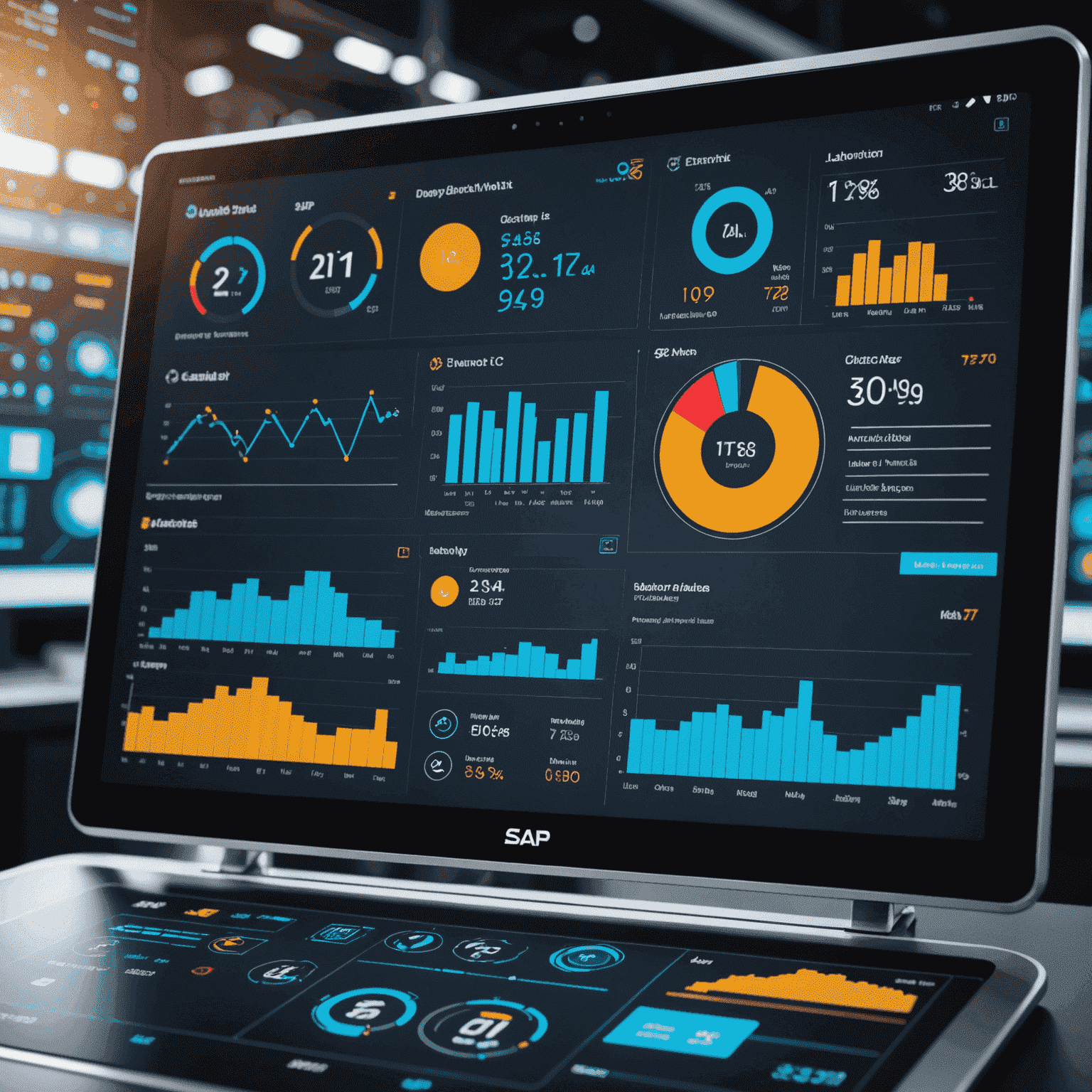 A futuristic dashboard displaying various predictive analytics charts and graphs, with SAP logo prominently featured