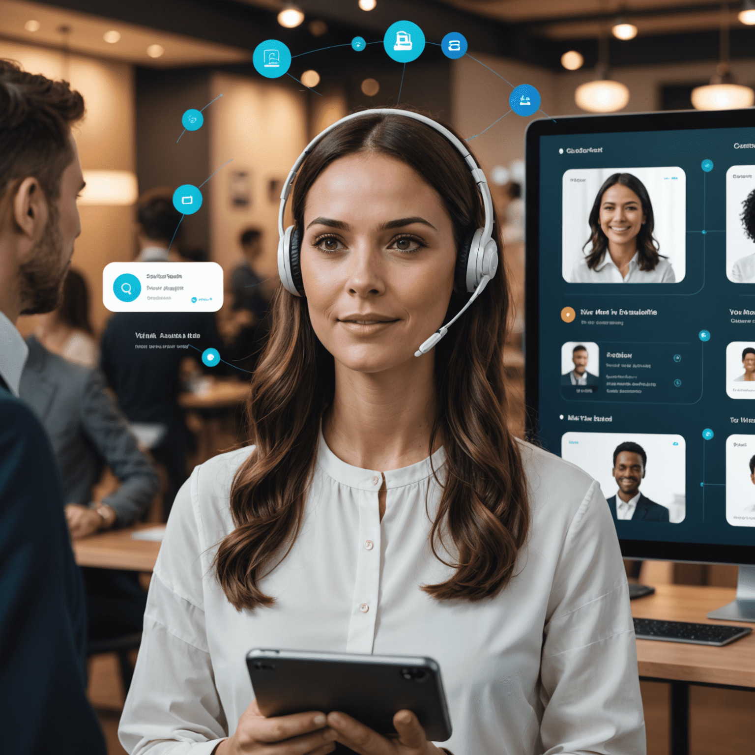 AI-powered customer interaction visualization showing a virtual assistant communicating with multiple customers across various channels