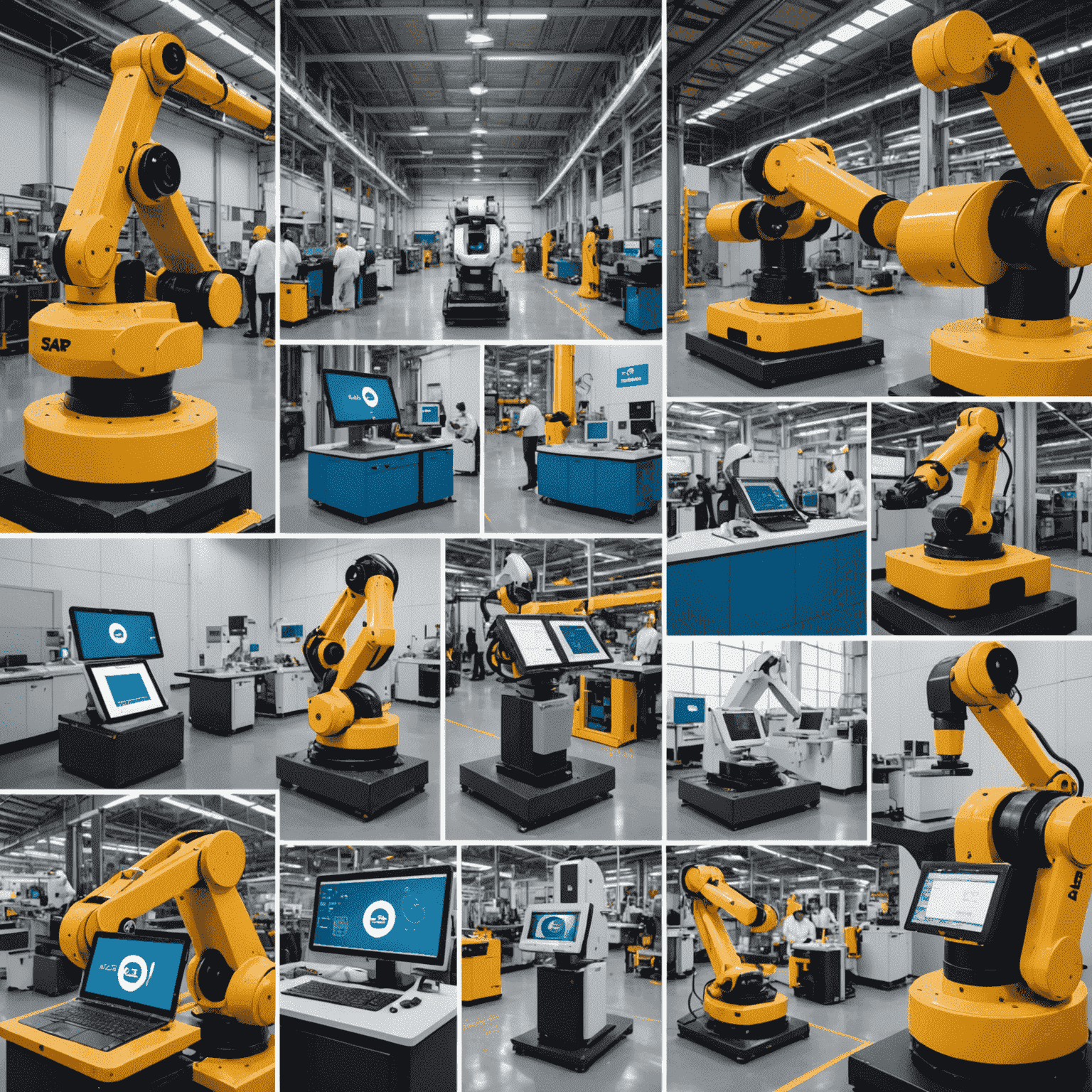 A collage showing various industries benefiting from SAP's AI-powered ERP solutions, including manufacturing robots, retail analytics dashboards, and healthcare management systems