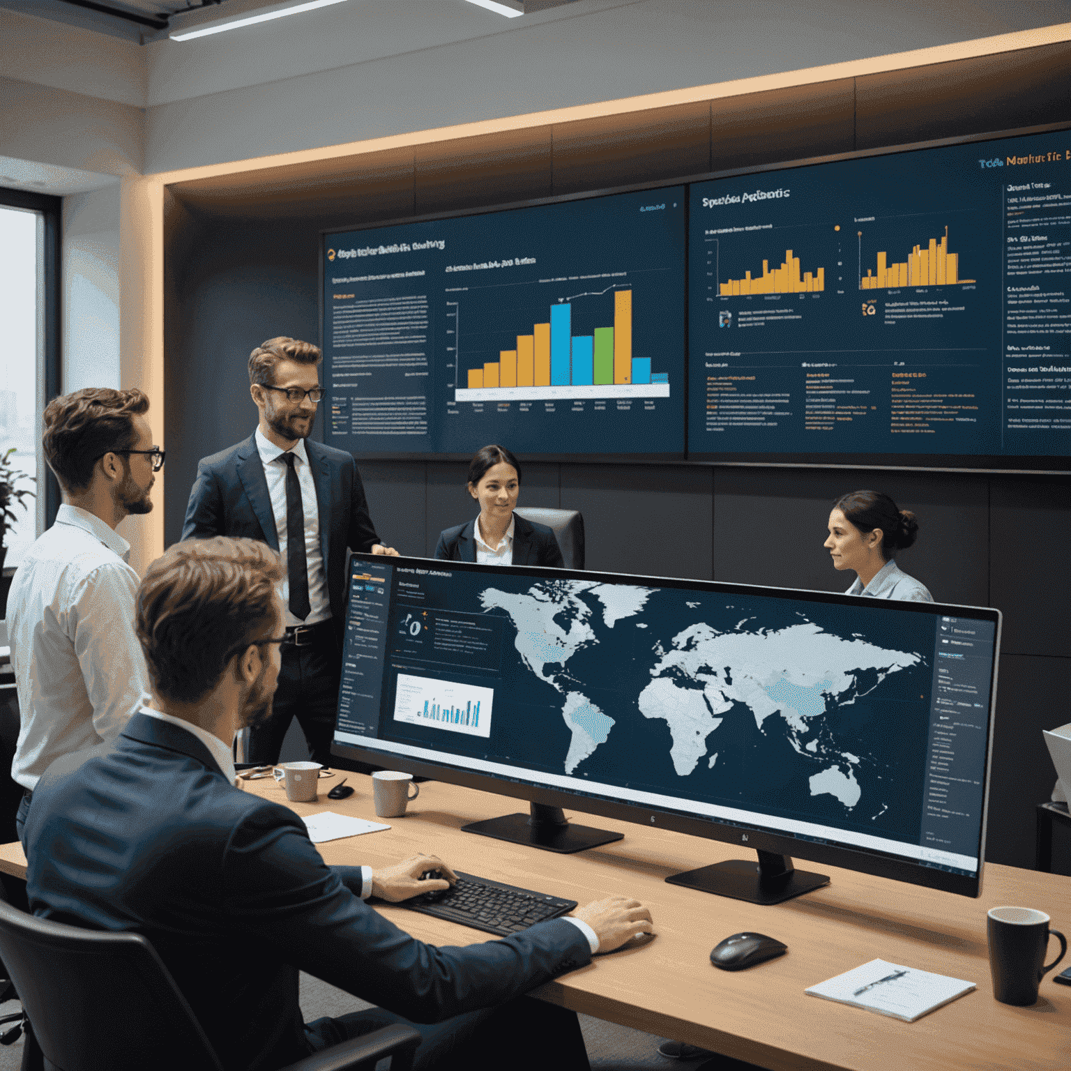 A team of diverse professionals analyzing SAP predictive analytics results on large screens, showcasing collaboration and data-driven decision making