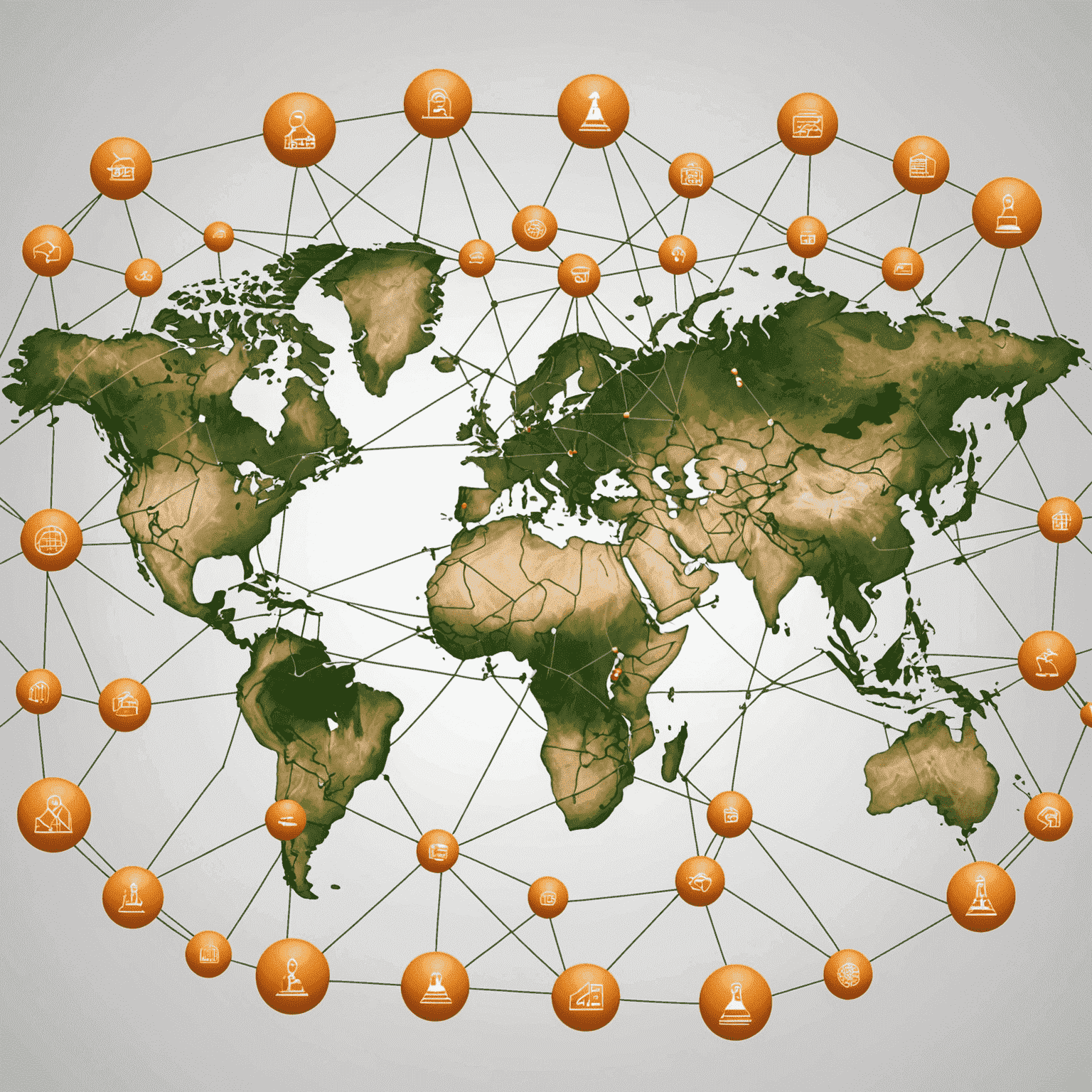 Visualization of a global supply chain network with interconnected nodes representing suppliers, manufacturers, and distributors