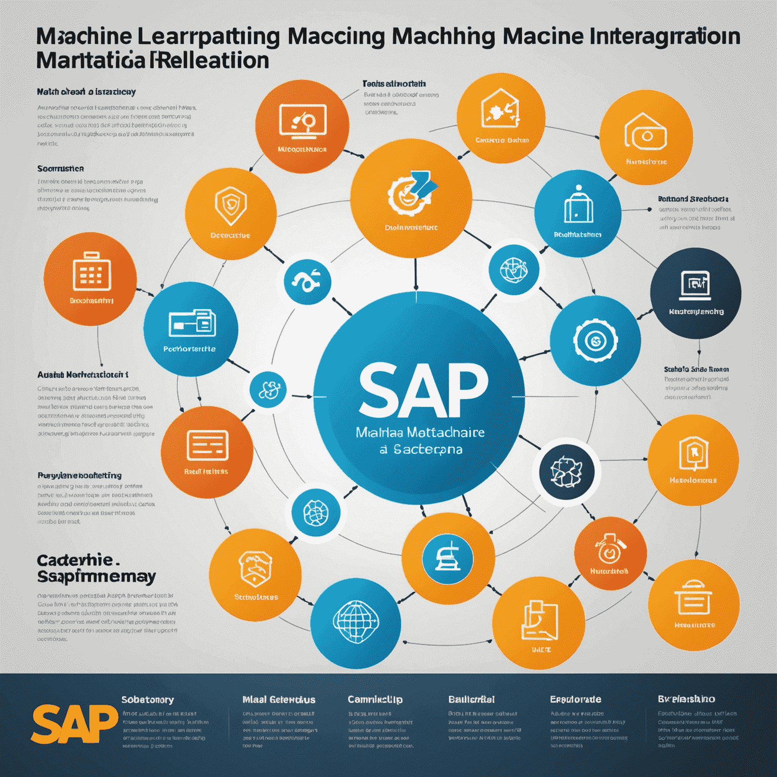 Infographic showing various industry applications of SAP's machine learning integration, including retail, manufacturing, finance, and healthcare