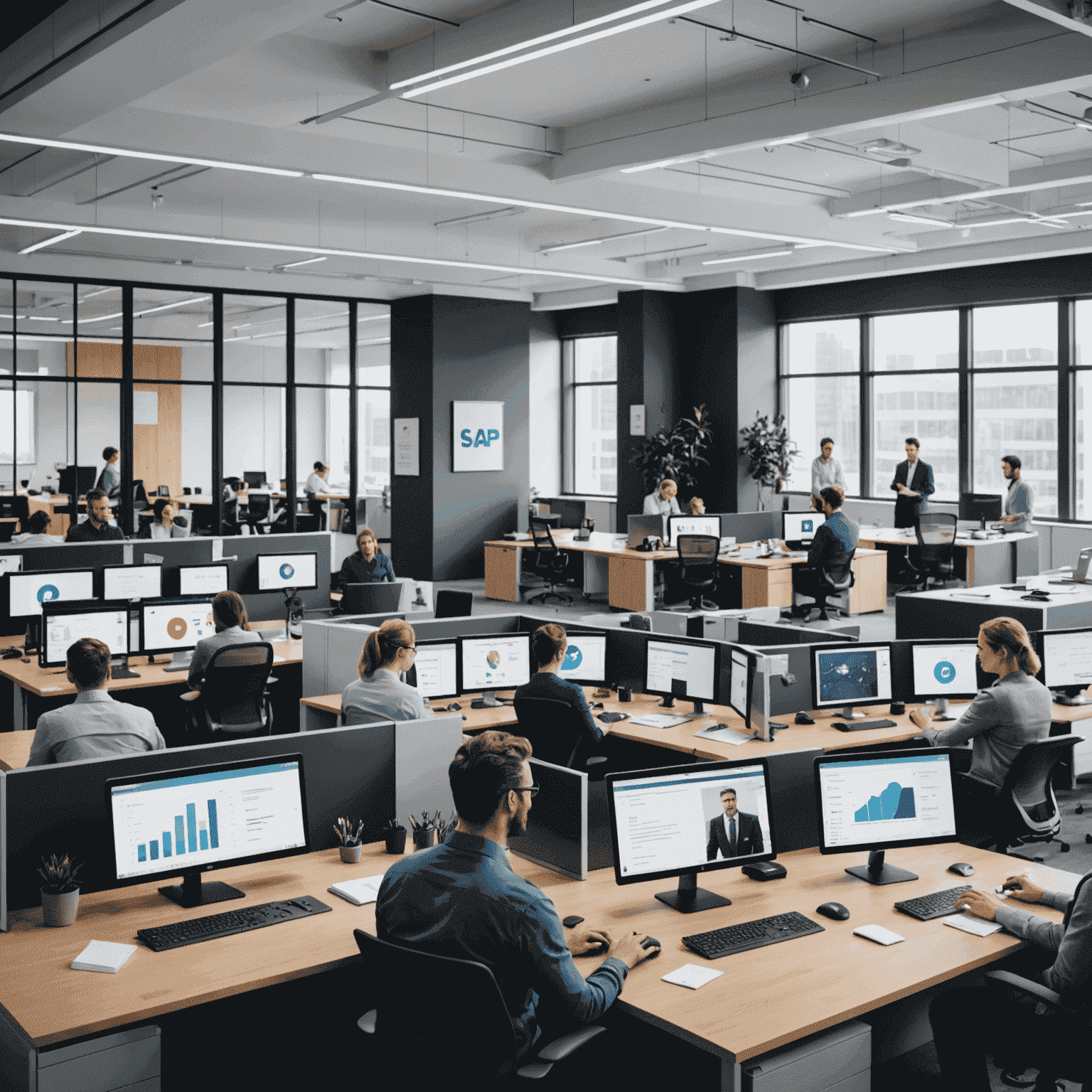 A panoramic view of a modern office space with employees using SAP's AI-powered ERP systems on various devices, showcasing seamless integration and collaboration