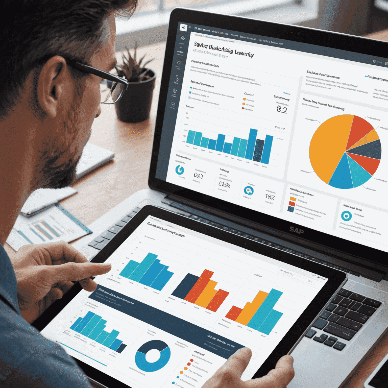 Dashboard showcasing SAP's machine learning analytics with graphs, charts, and real-time data visualization